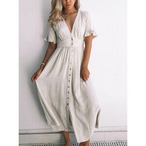 Fortunate One Linen V-Neck Midi Dress 100% Linen EUC Size M Medium